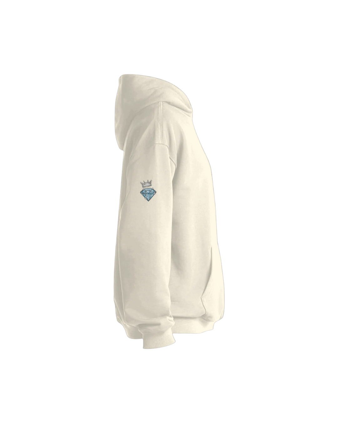 White hoodie with a small logo on the chest against a white background