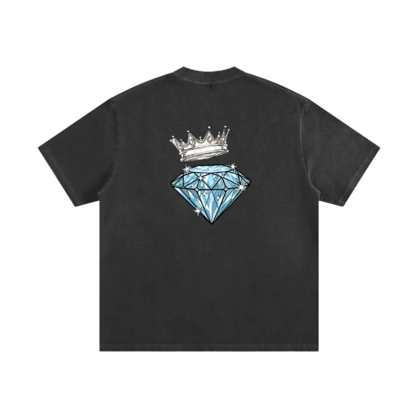 Black t-shirt with a diamond and crown graphic on a white background