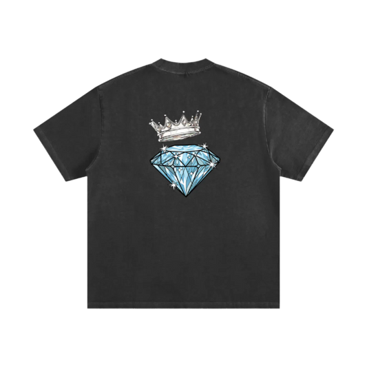 Black t-shirt with a diamond and crown graphic on a white background
