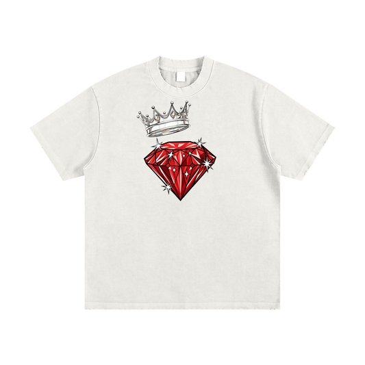White t-shirt with a red diamond and crown graphic on a white background