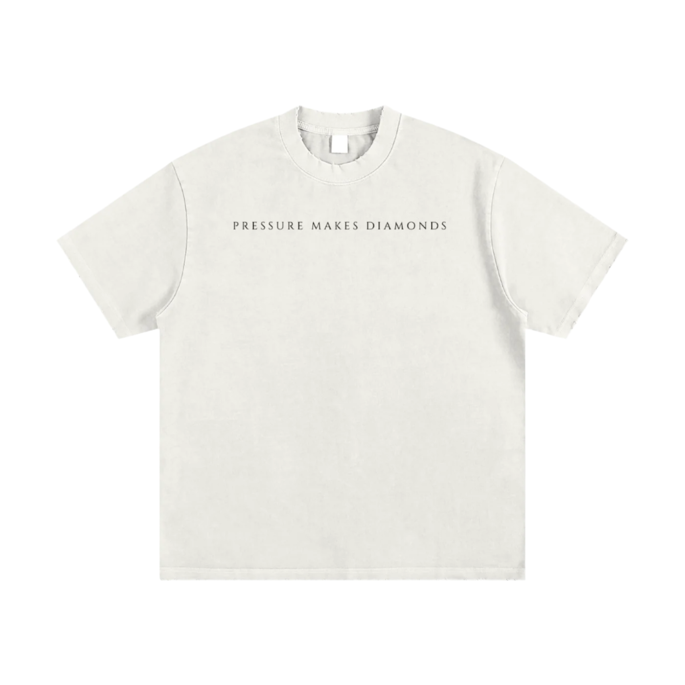 White t-shirt with 'PRESSURE MAKES DIAMONDS' text on a white background