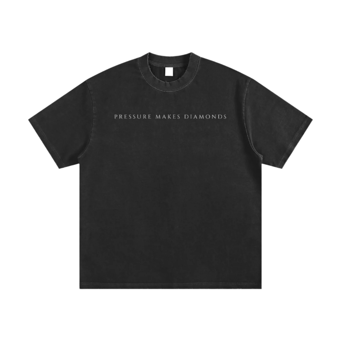 Black t-shirt with 'PRESSURE MAKES DIAMONDS' text on a white background