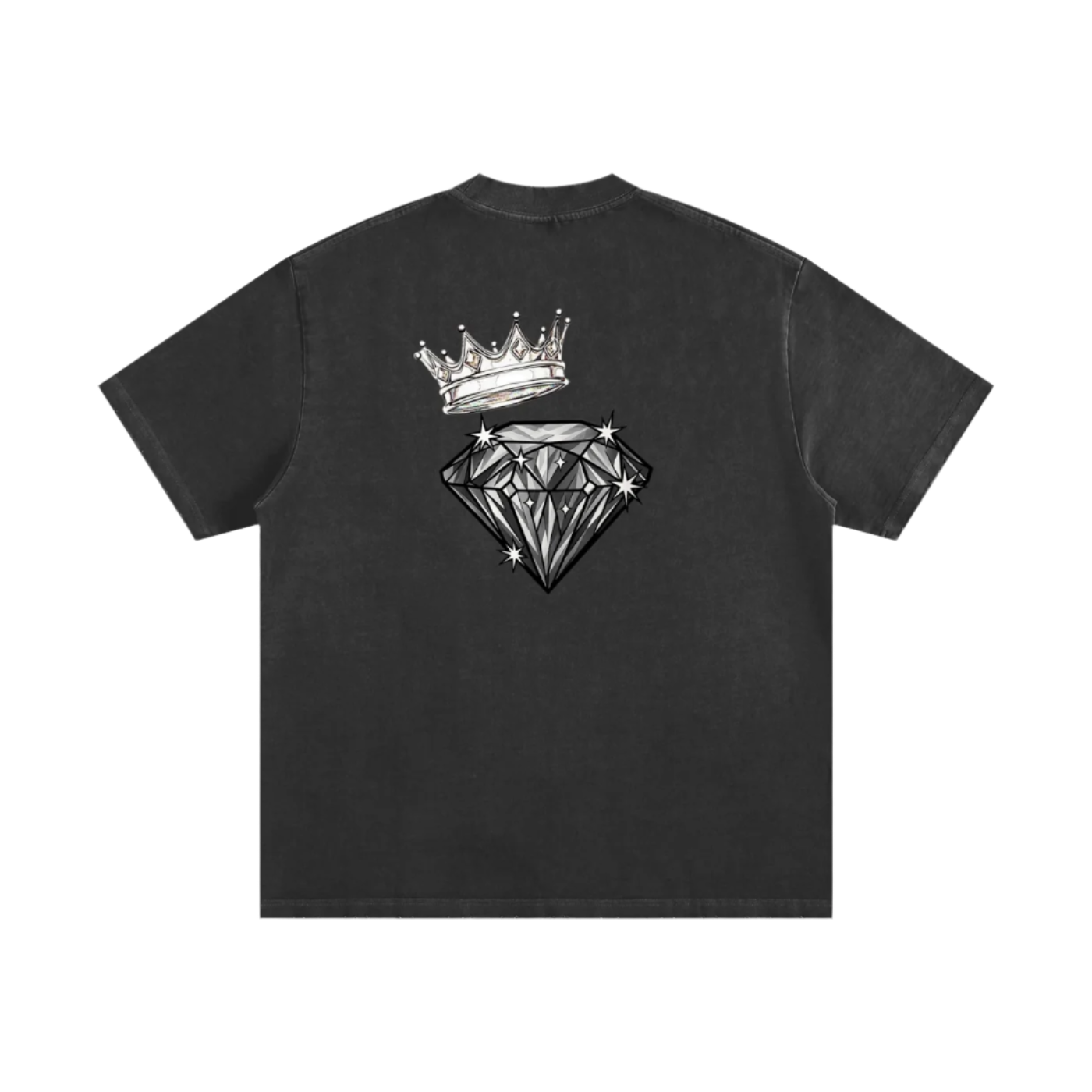 Black t-shirt with a diamond and crown design on the back against a white background