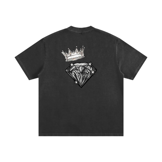 Black t-shirt with a diamond and crown design on the back against a white background