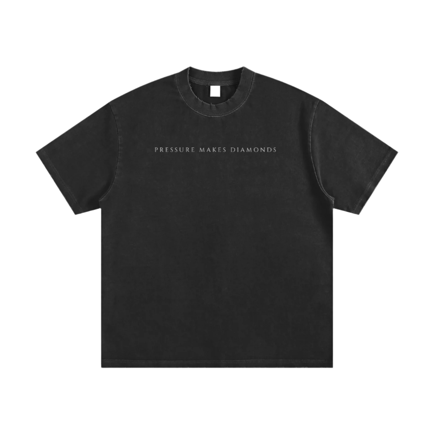 Black t-shirt with 'PRESSURE MAKES DIAMONDS' text with white letters