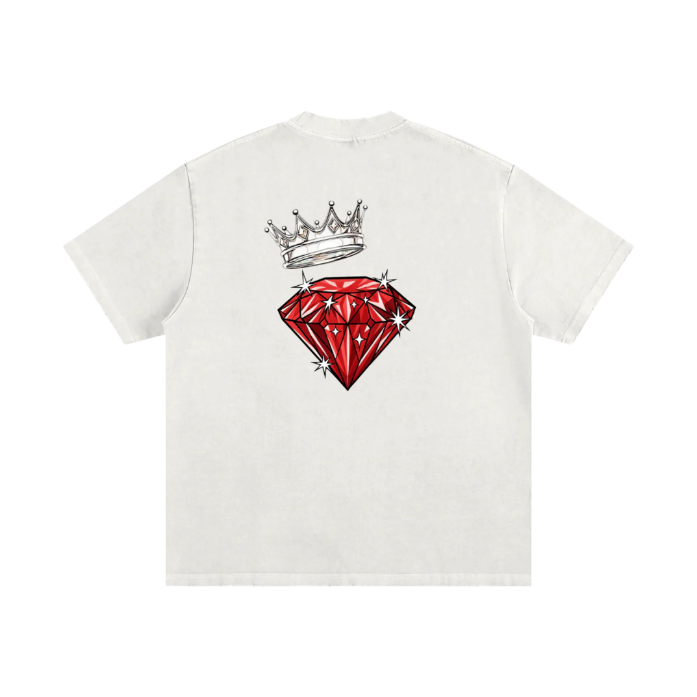 White t-shirt with a red diamond and crown graphic on a white background