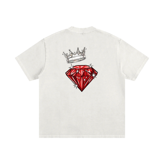 White t-shirt with a red diamond and crown graphic on a white background