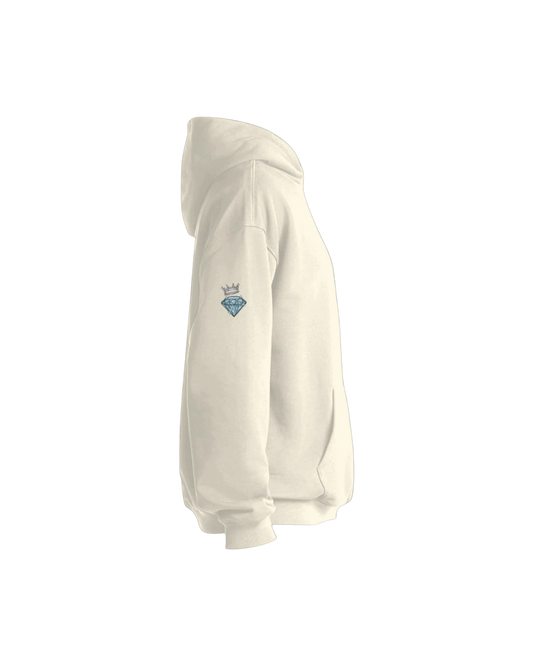 White hoodie with a small logo on the chest against a white background