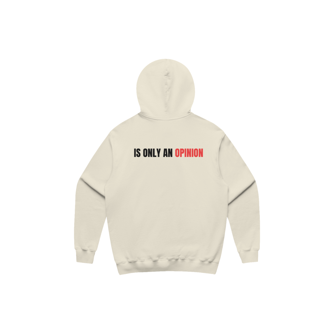 Beige hoodie with text on a white background