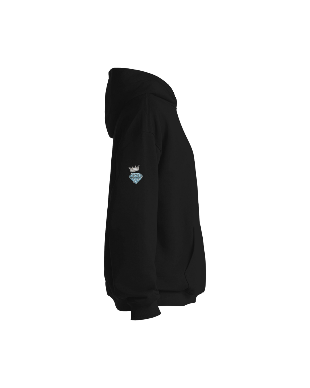 Black hoodie with a small embroidered logo on the arm against a black background
