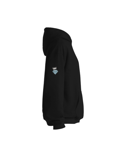 Black hoodie with a small embroidered logo on the arm against a black background