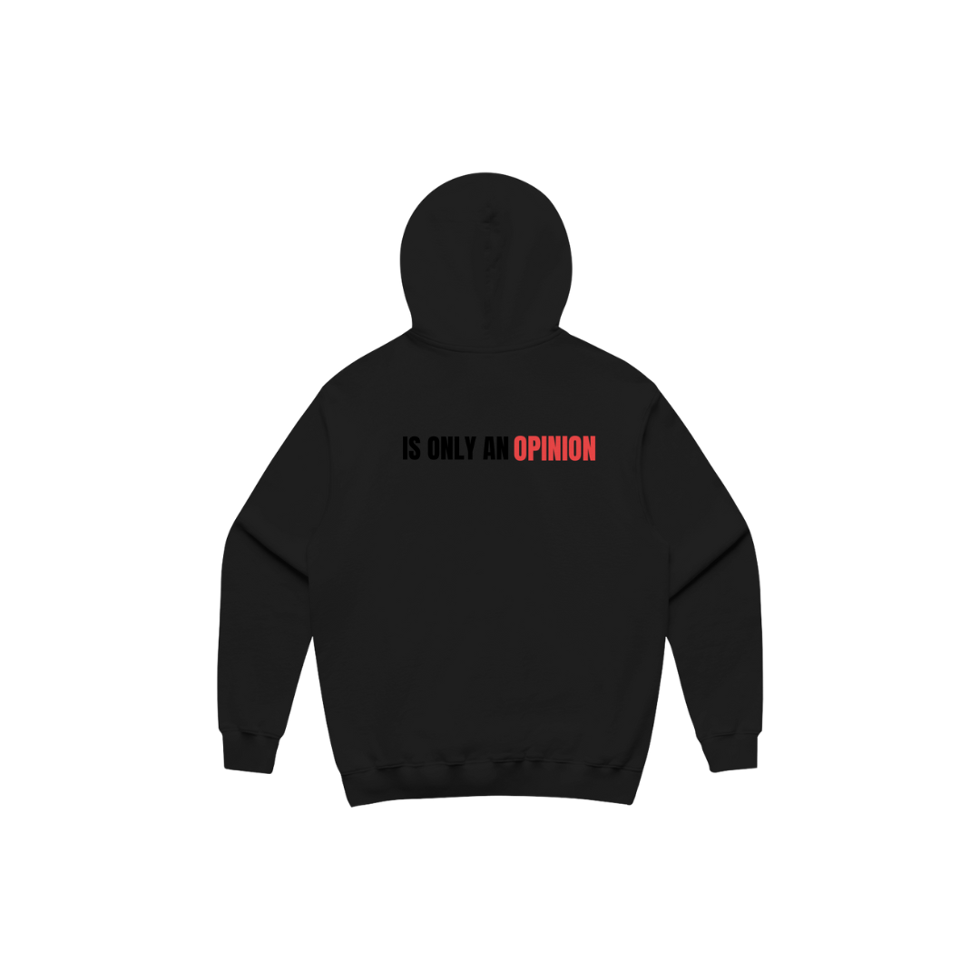 Black hoodie with text on a white background