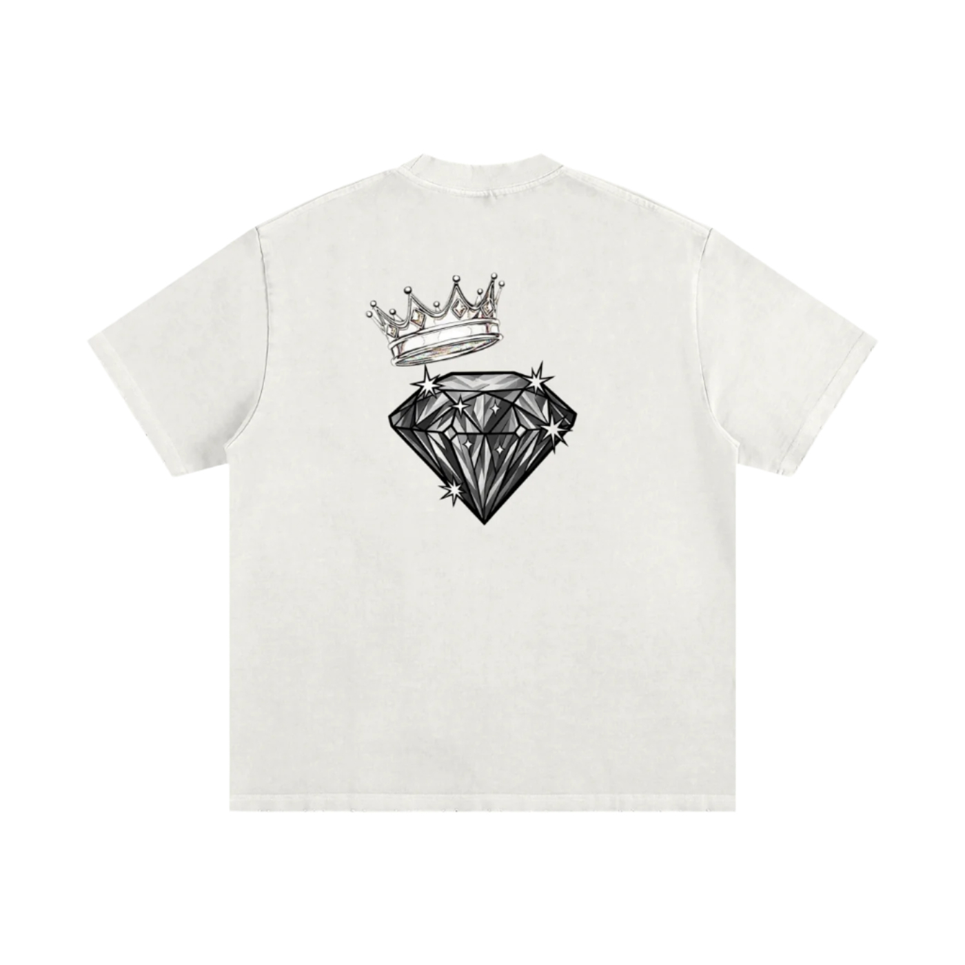 White t-shirt with a diamond and crown graphic on the back against a white background