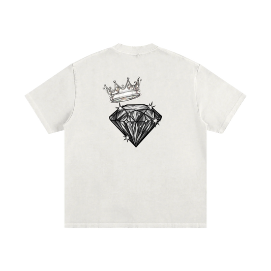 White t-shirt with a diamond and crown graphic on the back against a white background