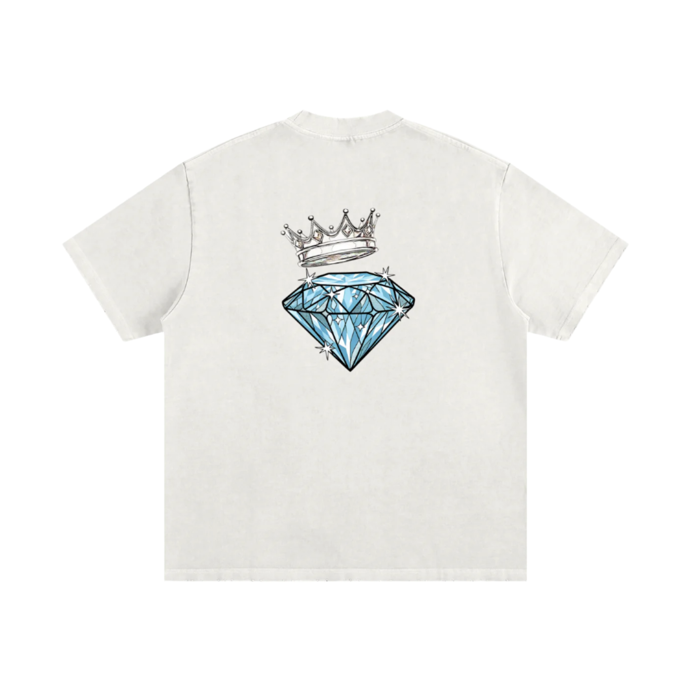 White t-shirt with a blue diamond and crown graphic on the back against a white background