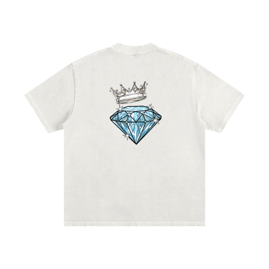 White t-shirt with a blue diamond and crown graphic on the back against a white background