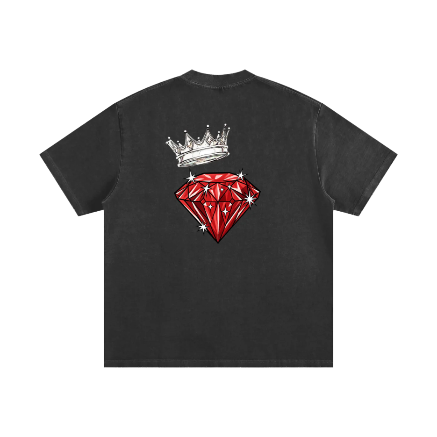 Black t-shirt with a red diamond and white crown graphic on a white background